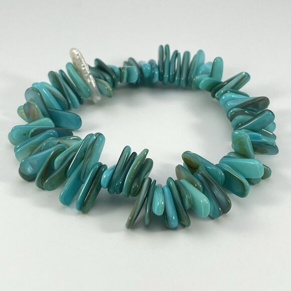 Turquoise Blue Mother of Pearl Shell Chip Stretch Bracelet Boho Statement Cute - Picture 5 of 5